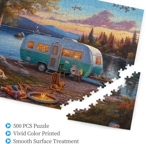 Vista 6 de Rompecabezas de 500 piezas para adultos, familias, camping, coche, junto al lago, fogata, formación de madera, entretenimiento, decoración