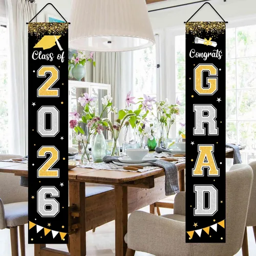 Vista 5 de Bandera de decoración de graduación 2025 GRAD Bandera negra para porche y puerta de bienvenida para pared interior y exterior, decoración