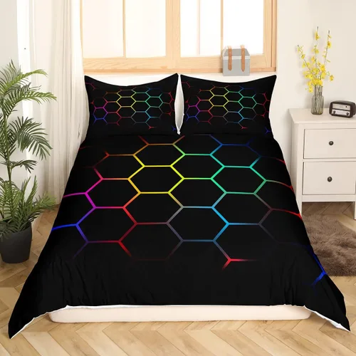 Vista 10 de Funda de edredón de panal para niños, hombres y niñas, juego de ropa de cama moderno con temática geométrica hexagonal, diseño de cuadrícula