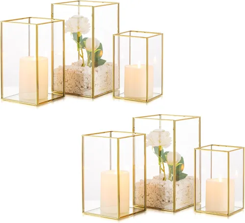 Vista 8 de Portavelas de cristal para huracanes: 3 piezas de oro grande rectangular portavelas de huracán, centros de mesa para mesas, farol decorativo