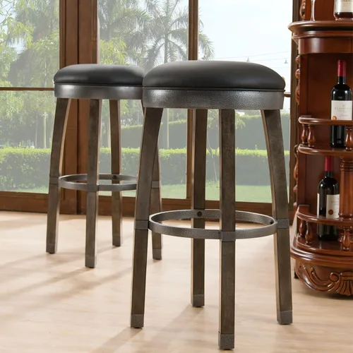 Vista 2 de Leick Home Calton Taburete de mostrador, con asiento giratorio, para cocina o comedor, piel sintética negra y piedra gris, paquete de 2, 10118GS/BL