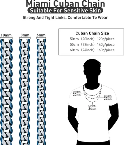 Vista 50 de YAMI Cadena de eslabones cubanos para hombre, azul/negro/oro de 14 quilates, acero inoxidable de 0.394-0.472 in de grosor, collar de cadena