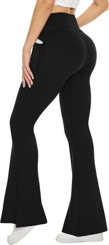 Vista 2 de TNNZEET Leggings acampanados negros para mujer, pantalones de yoga cruzados con bolsillos, corte de bota, leggings acampanados