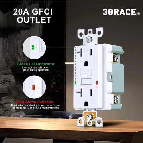 Vista 4 de 3GRACE Tomacorriente GFCI de 20 Amperios, Receptáculo GFI Resistente a Manipulaciones con Indicador LED, Interruptor de Circuito de Falla a Tierra