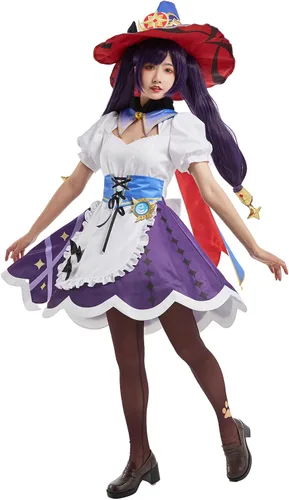 Vista 2 de Cosplay.fm Disfraz de cosplay para mujer, vestido de sirvienta con sombrero para Mona Cosplay