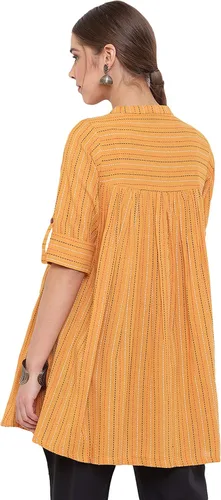Vista 6 de Janasya Indian - Túnica de algodón tejido mostaza para mujer