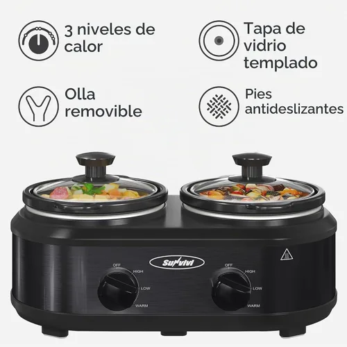 Vista 2 de olla de cocción lenta doble de 2 * 1.25 cuartos, servidor y calentador de buffet con 2 ollas de cerámica extraíbles, 3 configuraciones