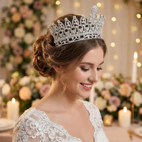Vista 2 de Tiara de boda grande de circonita cúbica, corona de concurso de princesa real para novia, quinceañera, fiesta de graduación, circonita cúbica