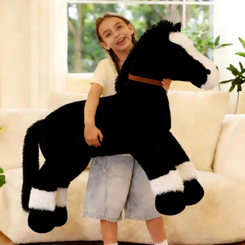 Vista 2 de Tezituor Animales de peluche gigantes de caballo negro de 47 pulgadas, poni de peluche grande realista de 4 pies para niños y niñas, almohada