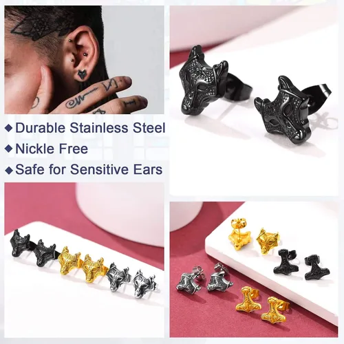 Vista 3 de FaithHeart Norse Vikingo Jewelry - Aretes de tuerca de plata de ley de acero inoxidable, lobo celtamartillo de Thors para mujeres y hombres, Acero