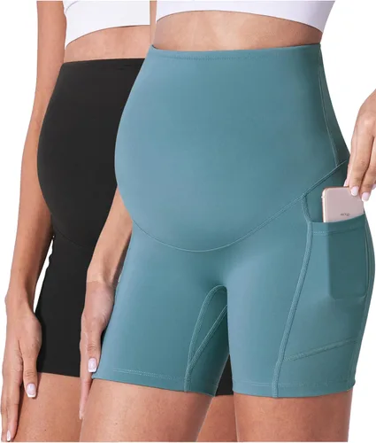 Vista 8 de POSHDIVAH Pantalones cortos de maternidad para mujer de 5 pulgadas 2 piezas negro