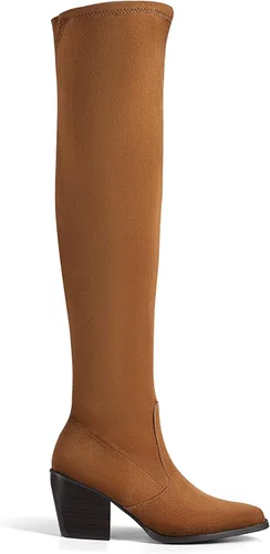 Vista 2 de DREAM PAIRS Botas vaqueras altas por encima de la rodilla para mujer, largas, elásticas, con tacón bloqueado, punta puntiaguda, botas occidentales