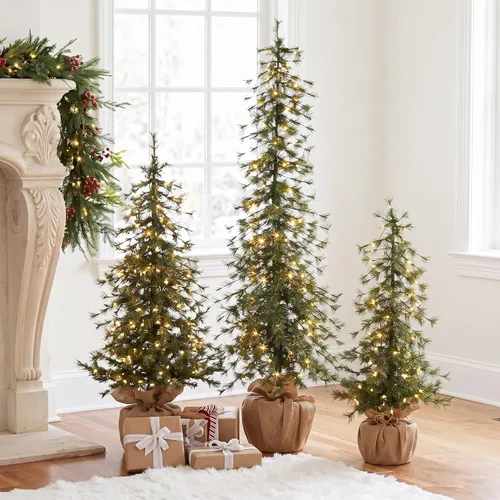 Vista 15 de Cinnyvoice Set of 3 Pre-lit Potted Christmas Tree with led, 2 ft, 3ft,4 ft Árbol de ciprés artificial preiluminado con base de cesta tejida