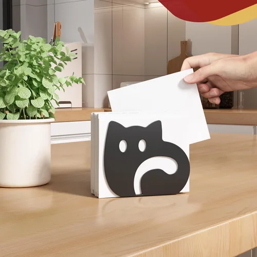 Vista 8 de Servilletero de gato autoajustable para mesa, moderno dispensador de servilletas de metal para cocina, comedor, servilleteros con material Negro