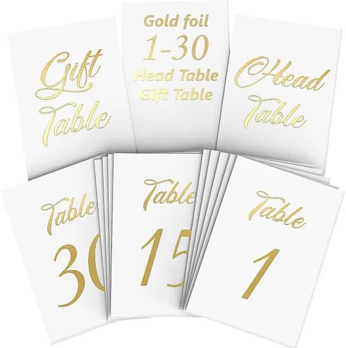 Vista 2 de Paquete de 10 letreros de mesa reservados dorados y números de mesa dorados del 1 al 30 para bodas, recepciones, fiestas, restaurantes, números