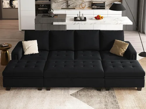 Vista 7 de Belffin Banco otomano rectangular de gran tamaño con almacenamiento, reposapiés tapizado de terciopelo para sala de estar y dormitorio (negro)