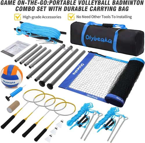 Vista 6 de Conjunto combinado de bádminton de voleibol al aire libre con red, diseño antiflacidez, 4 raquetas de bádminton, 3 pajaritos y voleibol