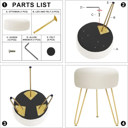 Vista 8 de Reposapiés de terciopelo suave y moderno, reposapiés redondo, otomano, con patas de metal dorado y relleno de esponja, reposapiés tapizado, sala