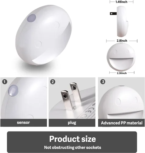 Vista 6 de VAVOFO Luz nocturna LED con sensor automático, paquete de 4, 2900-3200K blanco cálido, diseño de cara sonriente, lámpara de noche de pared