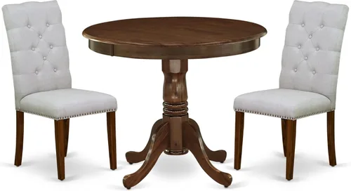 Vista 18 de East West Furniture ANEL3-ANA-05 Juego de mesa y sillas de cocina de 3 piezas contiene una mesa redonda de comedor con pedestal y 2 sillas Parsons
