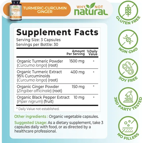 Vista 4 de Suplemento orgánico de curcumina de cúrcuma en cápsulas con jengibre y pimienta negra - Tumeric