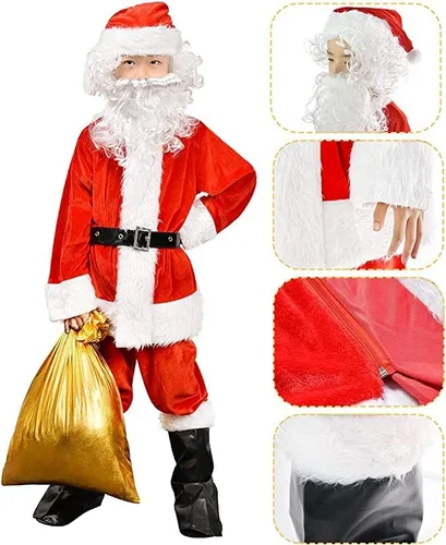Vista 4 de Disfraz de Papá Noel para niños, 9 piezas, terciopelo de lujo, traje de Navidad para niños y niñas, vestido de fiesta de cosplay de Navidad