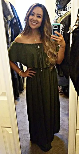 Vista 4 de Sarin Mathews - Vestido de fiesta para mujer estilo casual largo hasta los tobillos con volantes hombros descubiertos abertura lateral y bolsillos