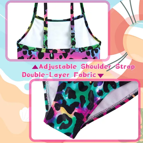Vista 3 de swimsobo Traje de baño tutú de una pieza para niñas, traje de baño colorido de sirena con tirantes cruzados para niños de 2 a 8 años