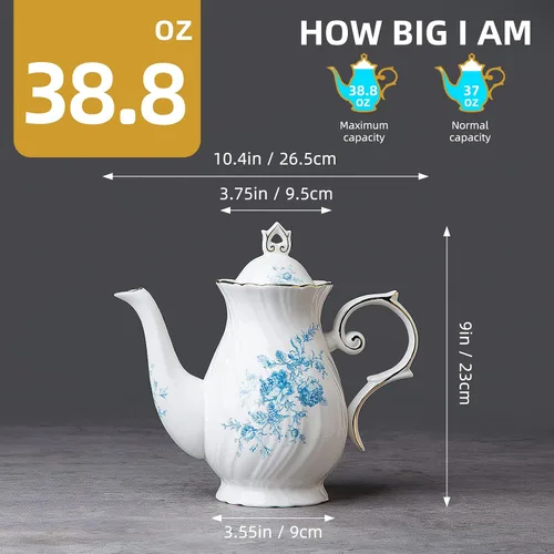 Vista 2 de Tetera de cerámica Agyiuns, tetera de porcelana con tapa, 38.8 Oz para té, leche, café, té de flores (Azul)