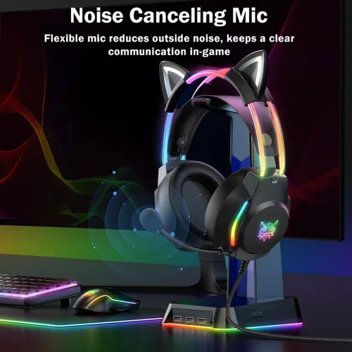Vista 4 de Auriculares para juegos con micrófono, auriculares con orejas de gato para PC, portátil, PS4, PS5, Xbox, interruptor, iluminación RGB arcoíris