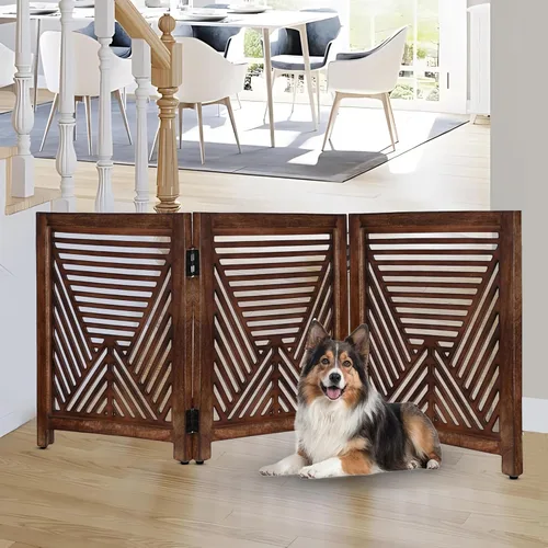 Vista 9 de Lightnpro - Puerta geométrica de madera para perros, barrera plegable independiente para uso en interiores, puerta de seguridad para perros, gatos
