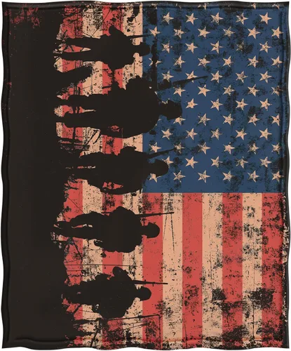 Vista 2 de Levens Manta de franela con silueta de soldado de la bandera estadounidense Grunge de 50 x 60 pulgadas, ultra suave, ligera, acogedora manta