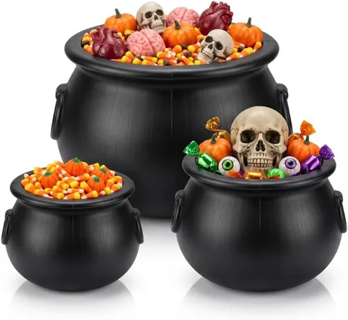 Vista 10 de PMU Caldero grande de Halloween 4p-16, (3) 8 pulgadas grande bruja plástico caldero tazón negro, para decoración de Halloween