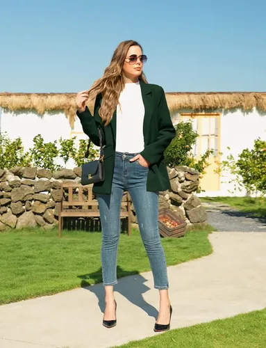 Vista 5 de CRAZY GRID Chaqueta casual para mujer con bolsillos de manga larga frente abierto para el trabajo oficina chaqueta con solapa y botones
