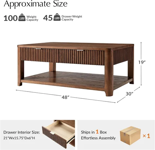 Vista 2 de HULALA HOME Mesa de centro moderna acanalada con almacenamiento, mesa de centro de chapa de roble de madera con mesa ancha, 2 cajones y estante Nogal