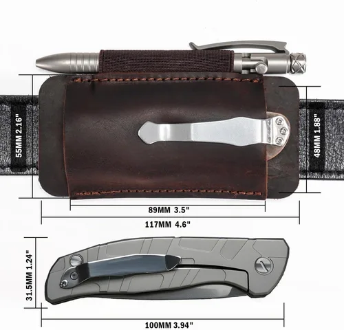 Vista 5 de Funda de cuchillo de cuero VIPERADE PJ33 para cinturón, funda de navaja de bolsillo horizontal con soporte elástico para bolígrafos, funda de Marrón