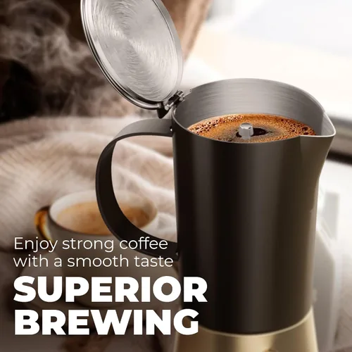 Vista 13 de Cafetera de acero inoxidable Moka Pot de 6 tazas (12 onzas líquidas), cafetera de estufa para inducción, estufas de gas y eléctricas, cafetera