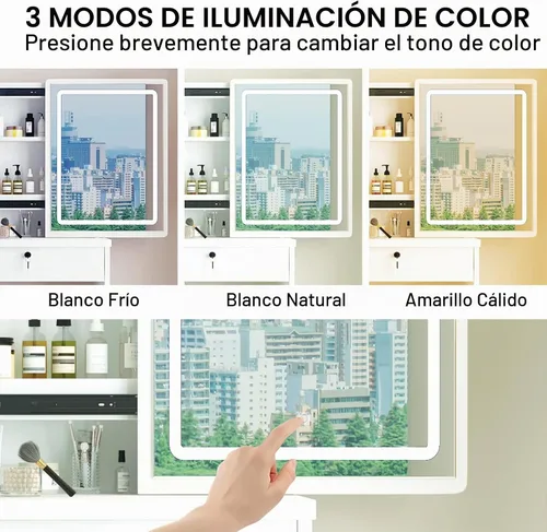 Vista 3 de MONGMON Escritorio de tocador con espejo y luces, 3 modos de iluminación, tocador de estilo europeo con cajones, con estantes de almacenamiento