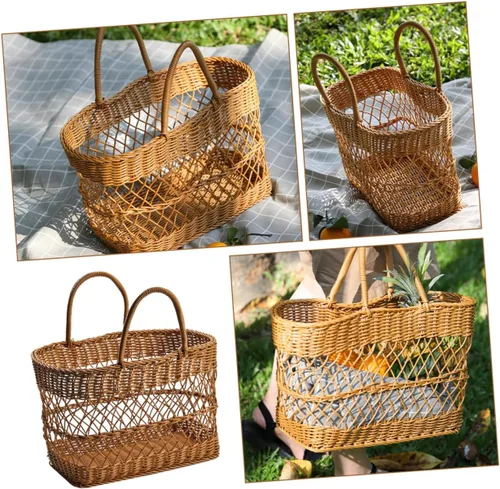 Vista 2 de Cesta tejida para comestibles Cesta de picnic Cesta de frutas portátil Suministros diarios