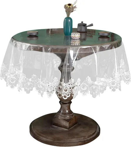 Vista 8 de Mantel redondo de plástico transparente, impermeable, de vinilo, PVC, bordado, borde de encaje, transparente, para cocina, uso en exteriores e 2