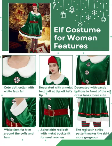 Vista 4 de Wabolay Disfraz de elfo para mujer, vestido de Navidad para adultos, 5 piezas, lindo traje de Navidad de elfos de Santa con sombrero, zapatos