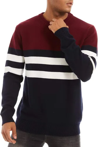 Vista 4 de MAGCOMSEN Suéter de cuello redondo para hombre sudadera de punto térmica suave bloque de color a rayas