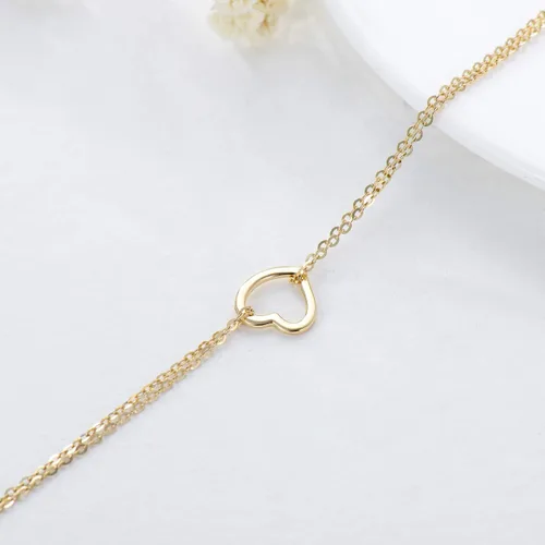 Vista 4 de SISGEM Pulsera de corazón de oro amarillo de 14 quilates para mujer, pulsera de corazón de doble cadena de oro real, regalo de aniversario