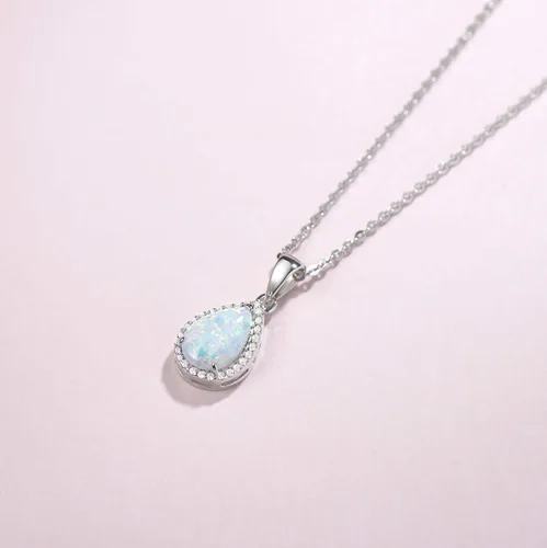 Vista 2 de FANCIME Aretes de plata de ley con ópalo blanco, piedra natal de octubre, ópalo de fuego, halo de gota de agua, forma de lágrima, aretes de ópalo