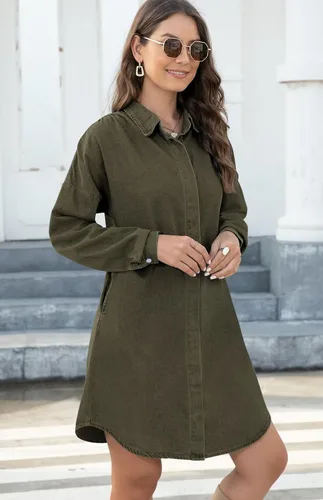 Vista 4 de KDF Vestido camisero de mezclilla para mujer, vestido de mezclilla para mujer con bolsillos, vestidos camiseros con botones para mujer, verano 2023