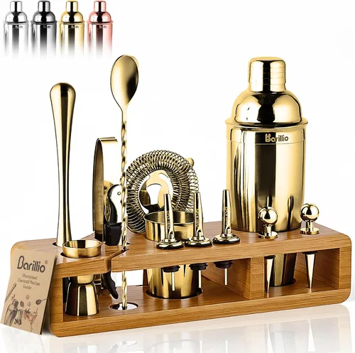 Vista 8 de Barillio Black Bartender Kit – Juego de coctelera de acero inoxidable con soporte de bambú – Herramientas de barra de mixología con coctelera