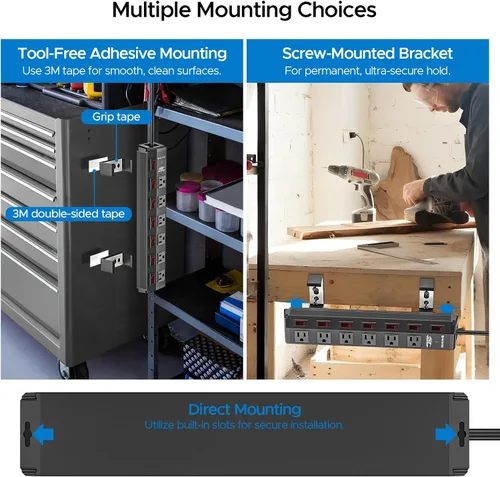 Vista 4 de CRST Regleta de alimentación de metal de 6 tomas con interruptores individuales, protector contra sobretensiones montable para garaje, taller