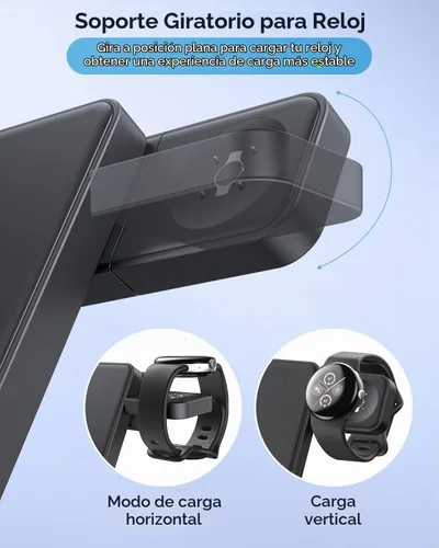 Vista 4 de Cargador Inalámbrico Plegable para Google Pixel Watch 3/2, Estación de Carga Rápida 3 en 1 con Soporte para Pixel 10 Pro XL/10 Pro/9/8/7