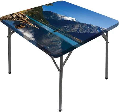 Vista 9 de Mantel cuadrado para mesa de paisaje, majestuosa escena matutina brumosa Triglav National Elástico, se adapta a mesas de 24 x 24 pulgadas