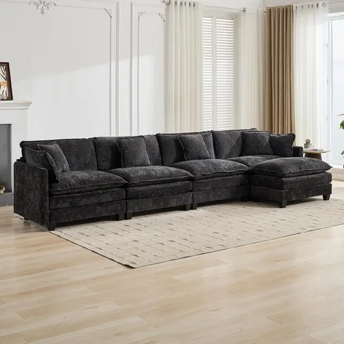 Vista 294 de Sofá seccional modular verde de 111.5", sofás seccionales grandes de 3 plazas para sala de estar, sofá nube oversized de tela chenille con otomana
